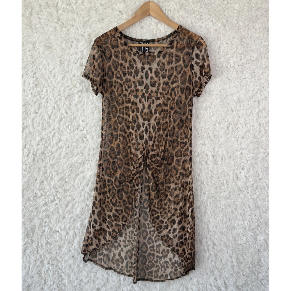 TMG New York Leopard Mesh Tunic Top Brown Sheer High‎ Low Indie Y2K Grunge club